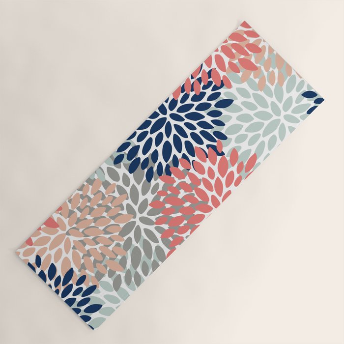 Festive, Flowers Print, Blue, Coral, Aqua, Gray Yoga Mat Gallery Image 1