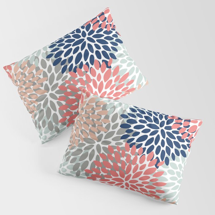 Festive, Flowers Print, Blue, Coral, Aqua, Gray Pillow Sham Gallery Image 1