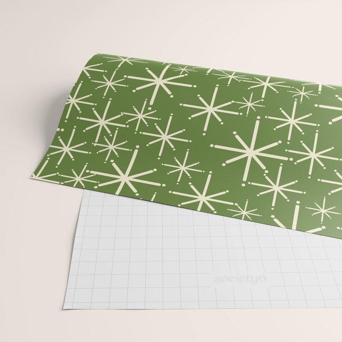 Atomic Age Starbursts - Mid Century Modern Pattern in Cream and Retro Christmas Green Wrapping Paper Gallery Image 2