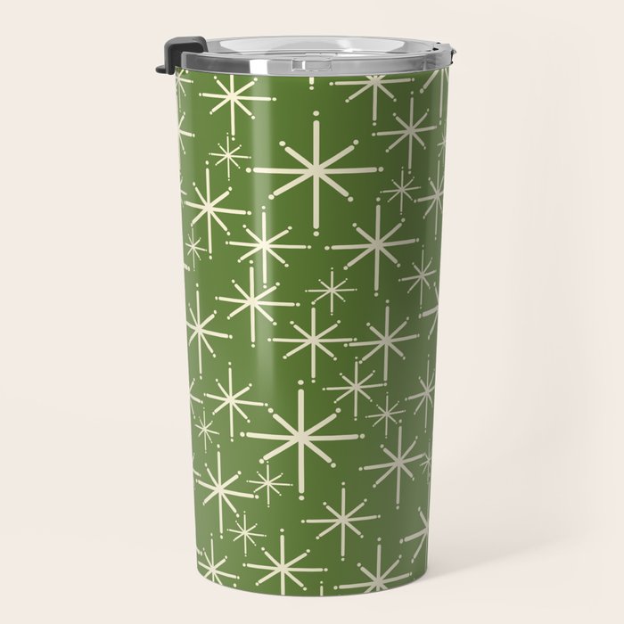 Atomic Age Starbursts - Mid Century Modern Pattern in Cream and Retro Christmas Green Travel Mug Gallery Image 3