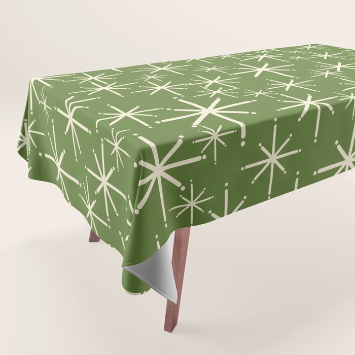 Atomic Age Starbursts - Mid Century Modern Pattern in Cream and Retro Christmas Green Tablecloth Gallery Image 1