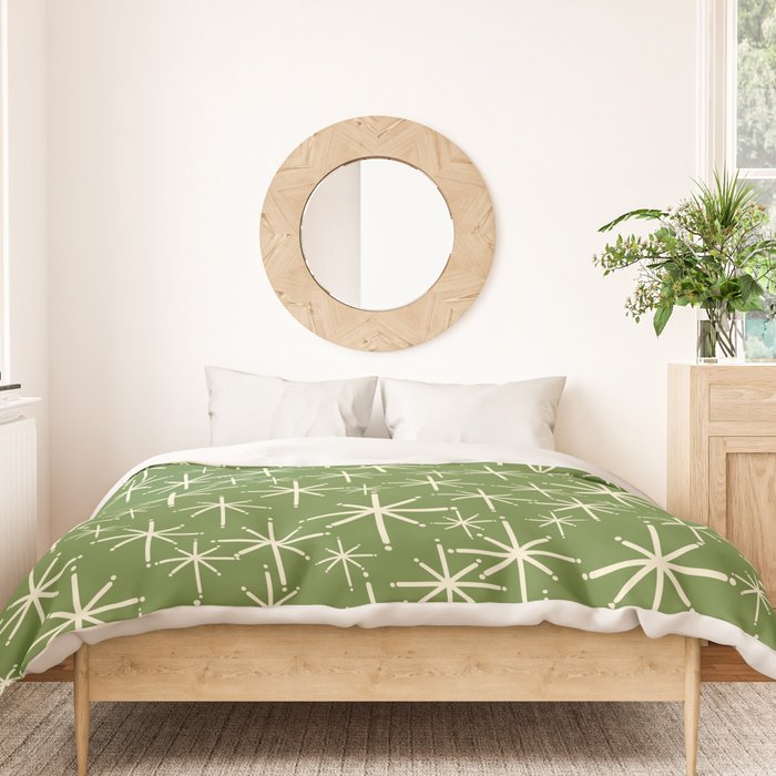 Atomic Age Starbursts - Mid Century Modern Pattern in Cream and Retro Christmas Green Duvet Cover Gallery Image 3