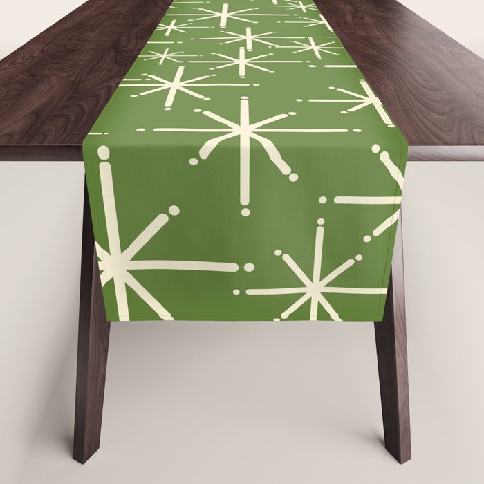 Atomic Age Starbursts - Mid Century Modern Pattern in Cream and Retro Christmas Green Table Runner Gallery Image 1