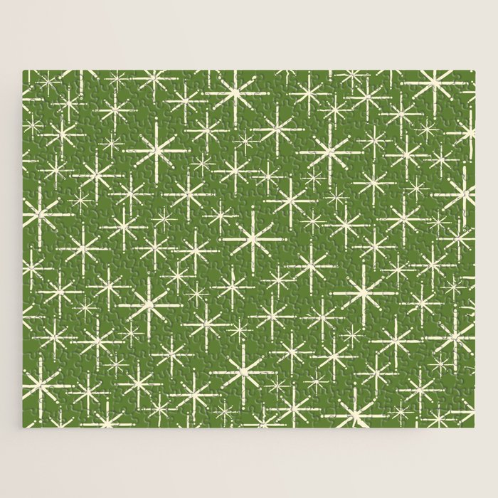 Atomic Age Starbursts - Mid Century Modern Pattern in Cream and Retro Christmas Green Jigsaw Puzzle Gallery Image 1