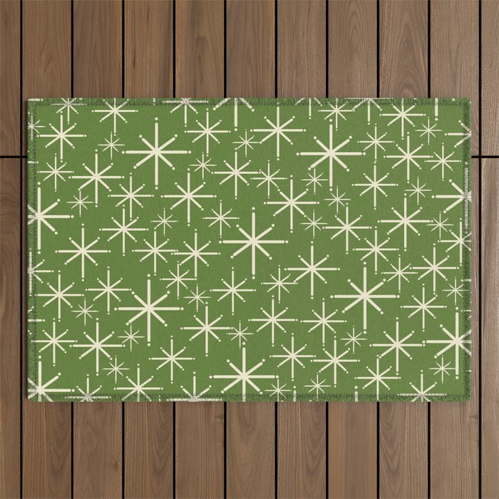 Atomic Age Starbursts - Mid Century Modern Pattern in Cream and Retro Christmas Green Outdoor Rug Gallery Image 1
