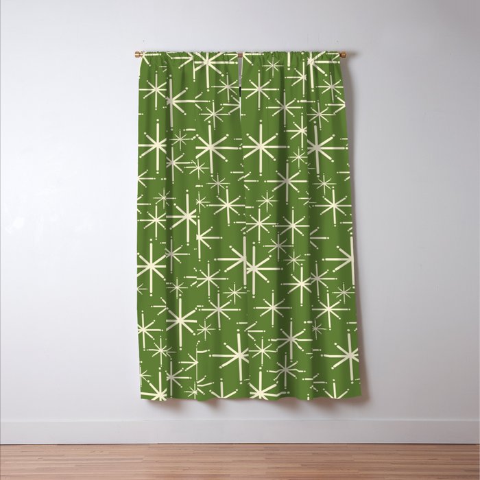 Atomic Age Starbursts - Mid Century Modern Pattern in Cream and Retro Christmas Green Window Curtain Gallery Image 3