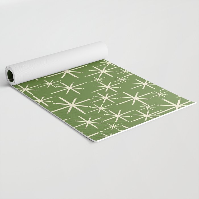 Atomic Age Starbursts - Mid Century Modern Pattern in Cream and Retro Christmas Green Yoga Mat Gallery Image 2