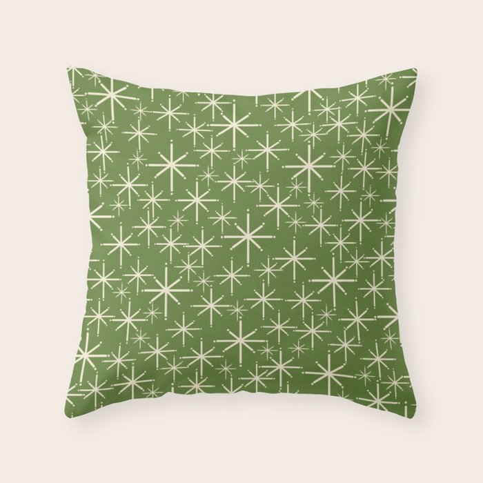 Atomic Age Starbursts - Mid Century Modern Pattern in Cream and Retro Christmas Green Throw Pillow Gallery Image 6