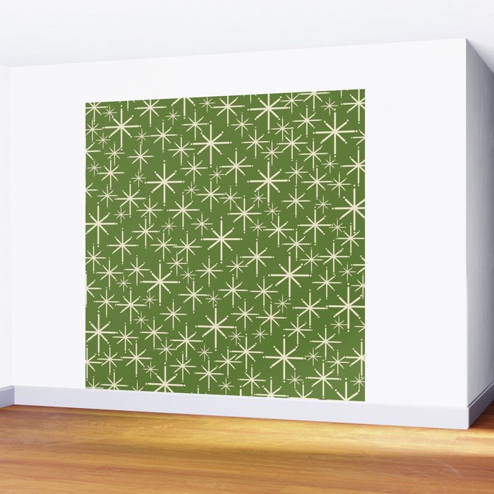 Atomic Age Starbursts - Mid Century Modern Pattern in Cream and Retro Christmas Green Wall Mural Gallery Image 2