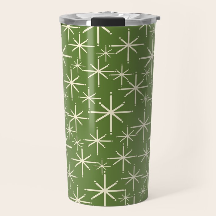 Atomic Age Starbursts - Mid Century Modern Pattern in Cream and Retro Christmas Green Travel Mug Gallery Image 1