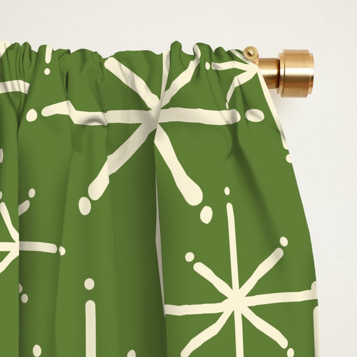 Atomic Age Starbursts - Mid Century Modern Pattern in Cream and Retro Christmas Green Window Curtain Gallery Image 2