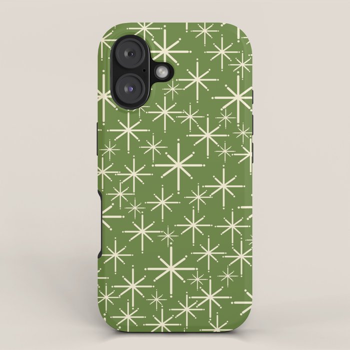 Atomic Age Starbursts - Mid Century Modern Pattern in Cream and Retro Christmas Green iPhone Case Gallery Image 1