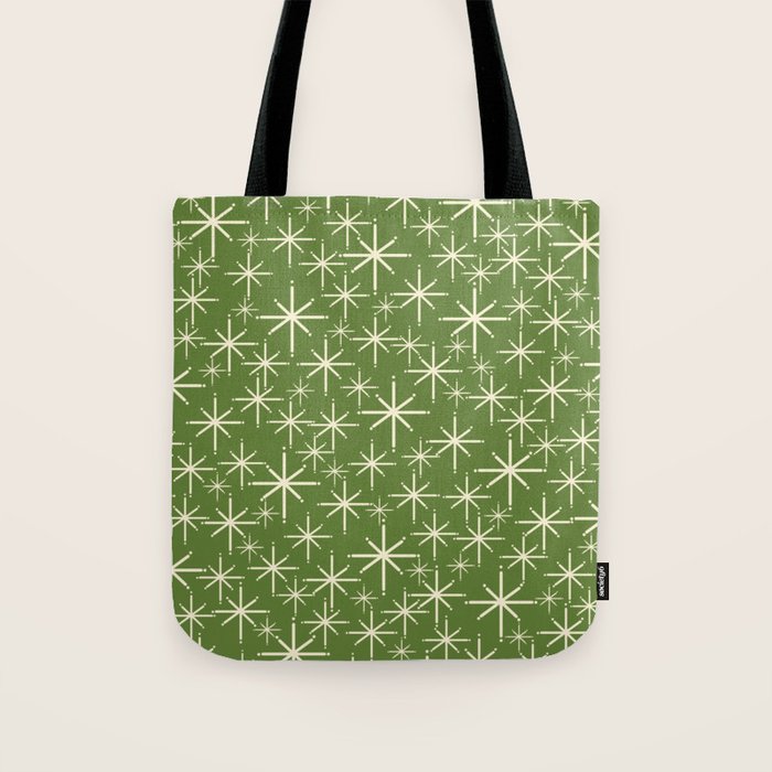 Atomic Age Starbursts - Mid Century Modern Pattern in Cream and Retro Christmas Green Tote Bag Gallery Image 1