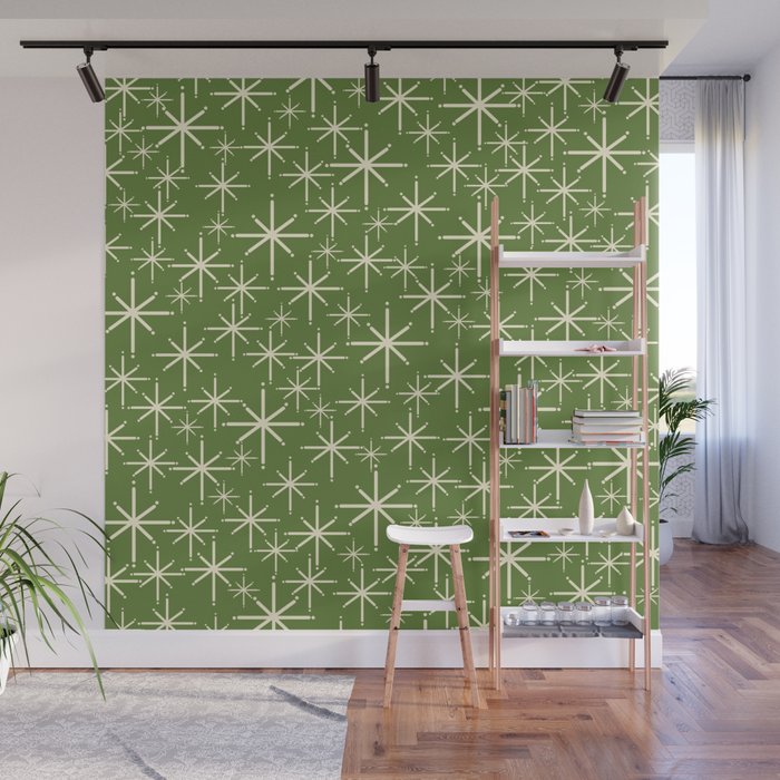 Atomic Age Starbursts - Mid Century Modern Pattern in Cream and Retro Christmas Green Wall Mural Gallery Image 1