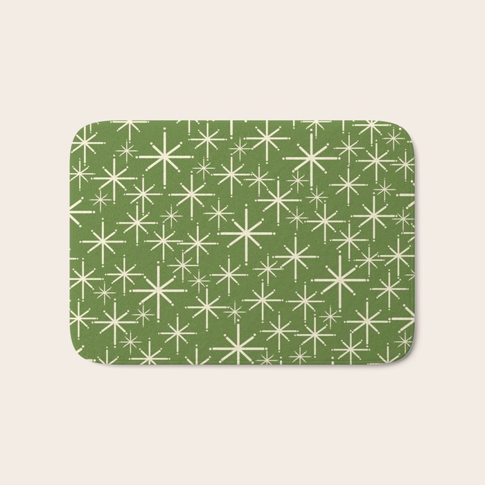 Atomic Age Starbursts - Mid Century Modern Pattern in Cream and Retro Christmas Green Bath Mat Gallery Image 1