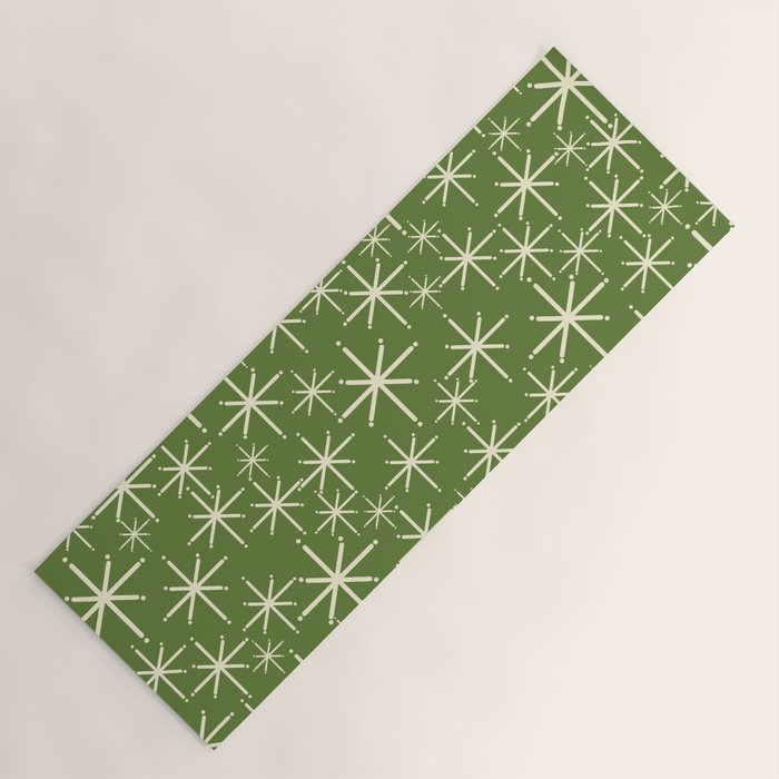 Atomic Age Starbursts - Mid Century Modern Pattern in Cream and Retro Christmas Green Yoga Mat Gallery Image 1