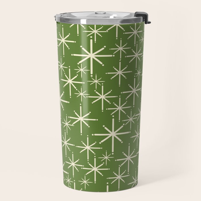 Atomic Age Starbursts - Mid Century Modern Pattern in Cream and Retro Christmas Green Travel Mug Gallery Image 2