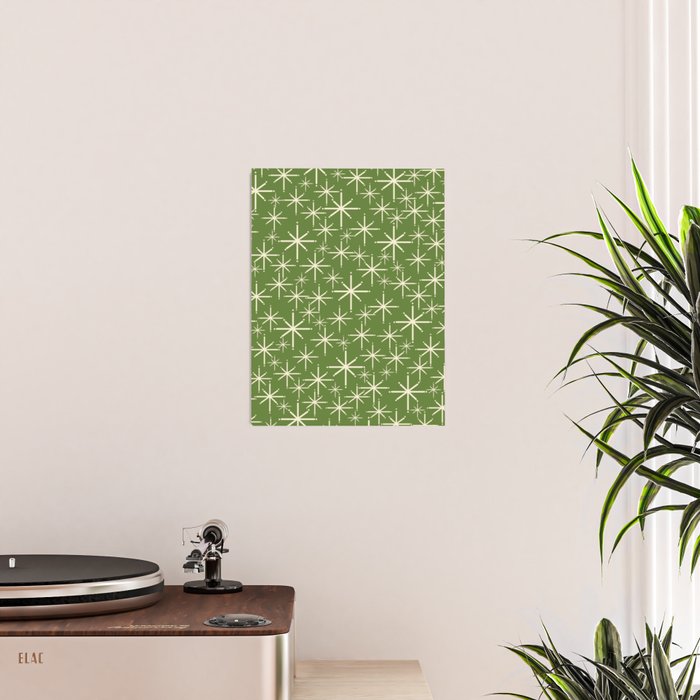 Atomic Age Starbursts - Mid Century Modern Pattern in Cream and Retro Christmas Green Poster Gallery Image 2