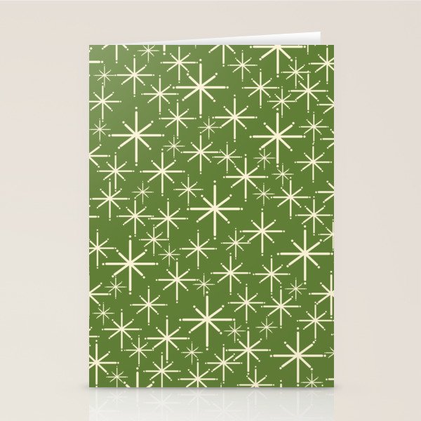 Atomic Age Starbursts - Mid Century Modern Pattern in Cream and Retro Christmas Green Stationery Card Gallery Image 1