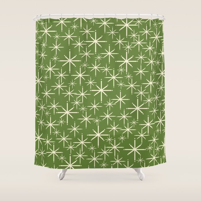 Atomic Age Starbursts - Mid Century Modern Pattern in Cream and Retro Christmas Green Shower Curtain Gallery Image 1