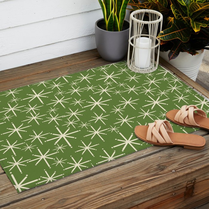 Atomic Age Starbursts - Mid Century Modern Pattern in Cream and Retro Christmas Green Outdoor Rug Gallery Image 2