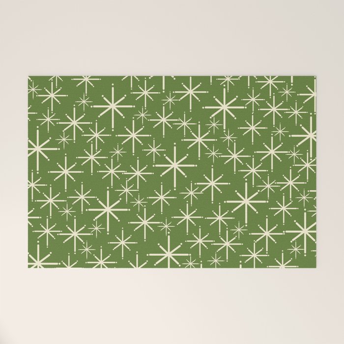 Atomic Age Starbursts - Mid Century Modern Pattern in Cream and Retro Christmas Green Welcome Mat Gallery Image 1