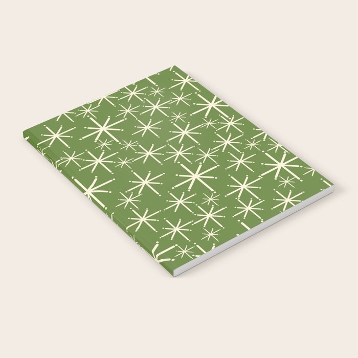 Atomic Age Starbursts - Mid Century Modern Pattern in Cream and Retro Christmas Green Notebook Gallery Image 1