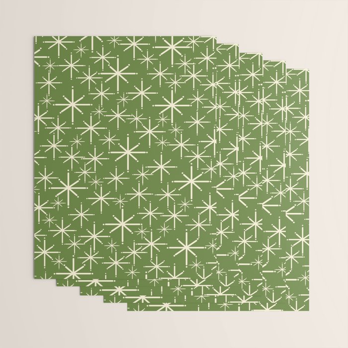 Atomic Age Starbursts - Mid Century Modern Pattern in Cream and Retro Christmas Green Wrapping Paper Gallery Image 3