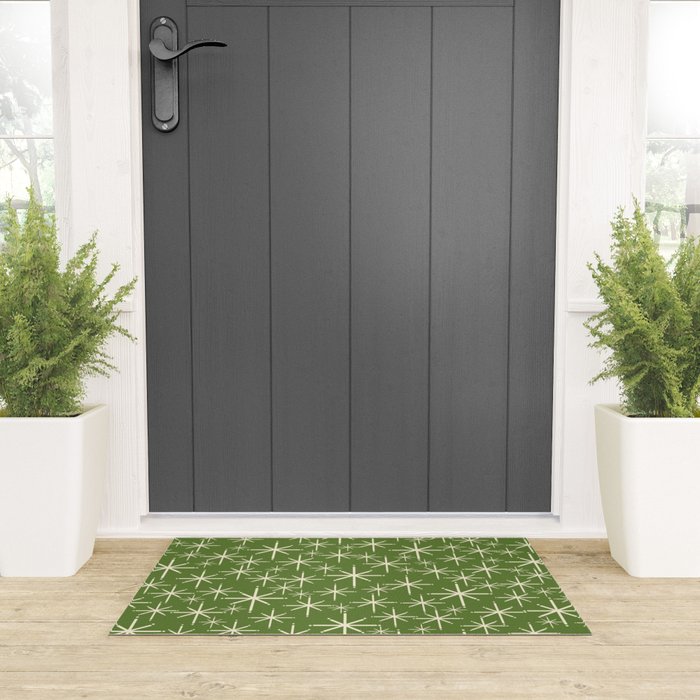 Atomic Age Starbursts - Mid Century Modern Pattern in Cream and Retro Christmas Green Welcome Mat Gallery Image 3
