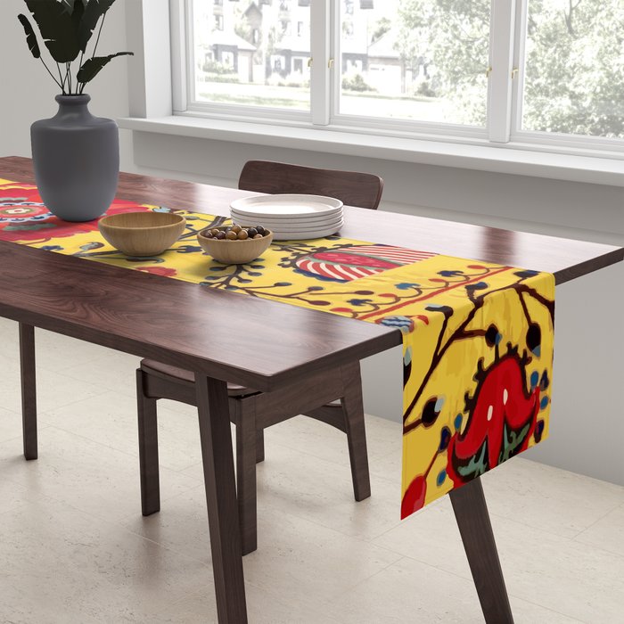 Bright Yellow Ground Uzbekistan Suzani Table Runner Gallery Image 2