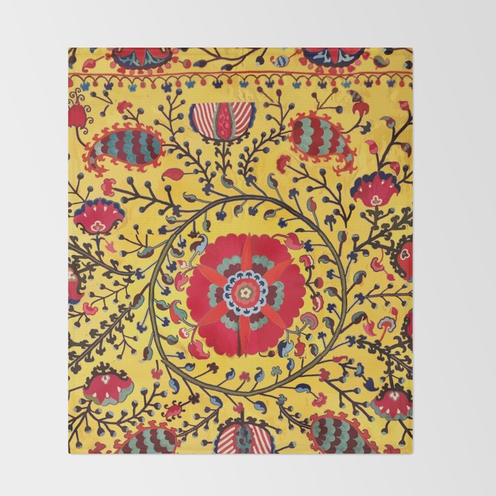 Bright Yellow Ground Uzbekistan Suzani Throw Blanket Gallery Image 2