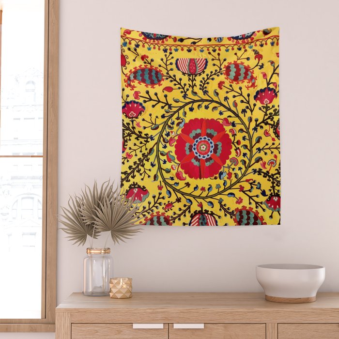 Bright Yellow Ground Uzbekistan Suzani Wall Tapestry Gallery Image 2