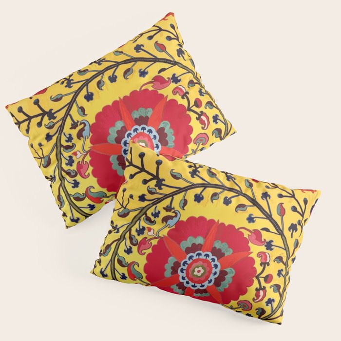 Bright Yellow Ground Uzbekistan Suzani Pillow Sham Gallery Image 1