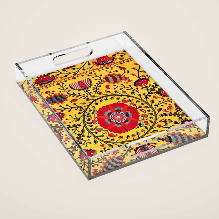 Bright Yellow Ground Uzbekistan Suzani Acrylic Tray Gallery Image 1