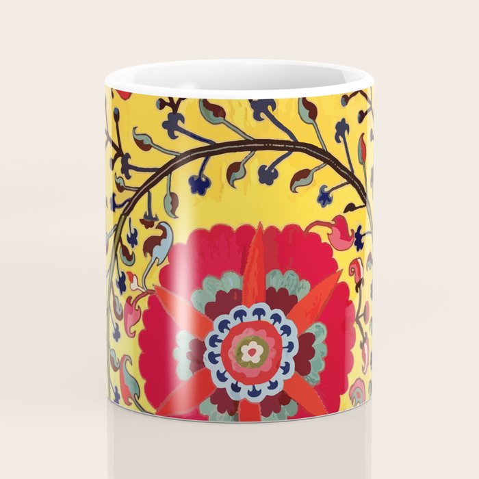 Bright Yellow Ground Uzbekistan Suzani Coffee Mug Gallery Image 4