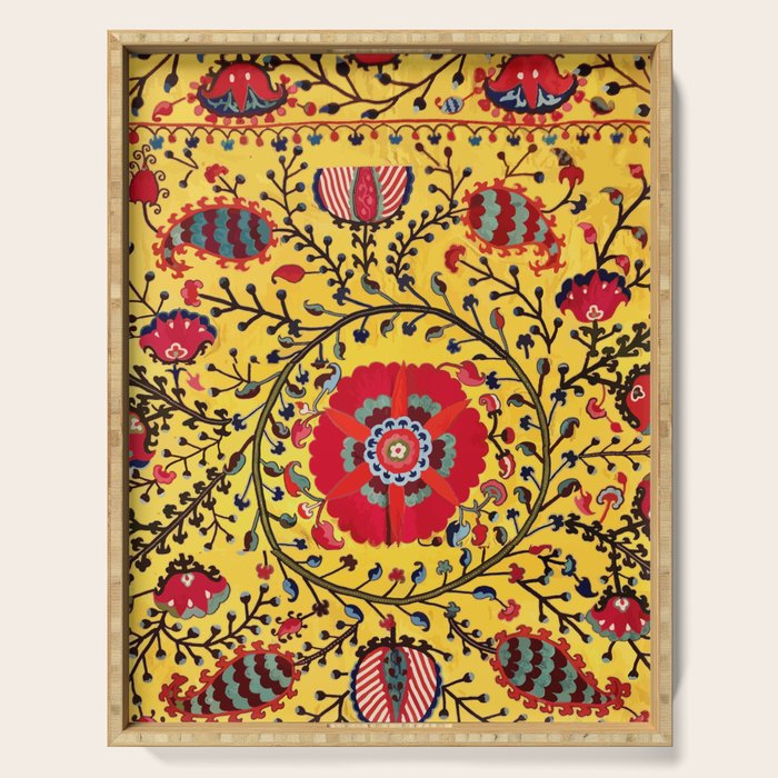 Bright Yellow Ground Uzbekistan Suzani Serving Tray Gallery Image 1