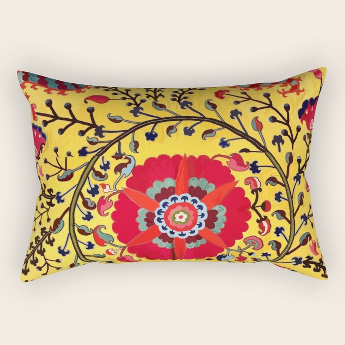 Bright Yellow Ground Uzbekistan Suzani Rectangular Pillow Gallery Image 1