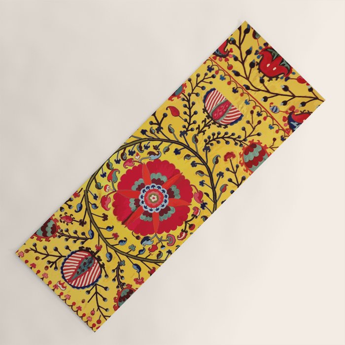 Bright Yellow Ground Uzbekistan Suzani Yoga Mat Gallery Image 1