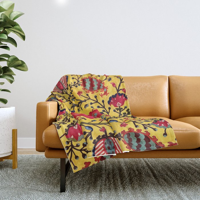 Bright Yellow Ground Uzbekistan Suzani Throw Blanket Gallery Image 1