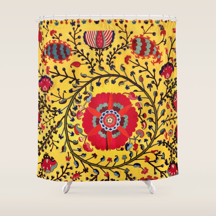 Bright Yellow Ground Uzbekistan Suzani Shower Curtain Gallery Image 1