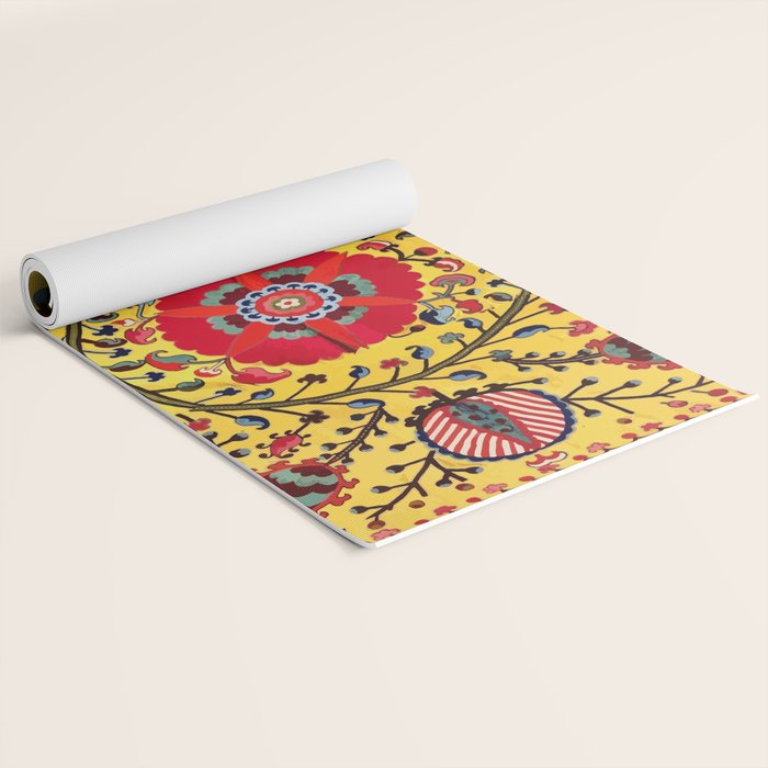 Bright Yellow Ground Uzbekistan Suzani Yoga Mat Gallery Image 2