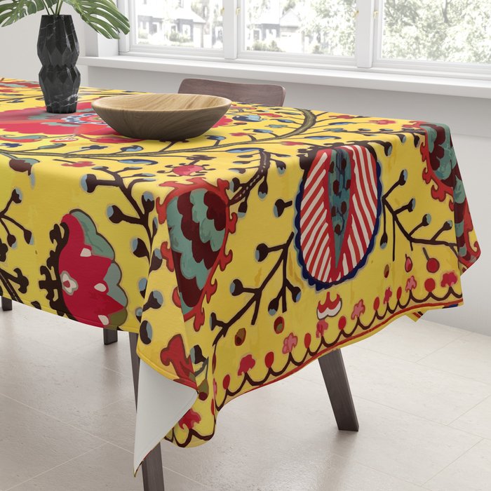 Bright Yellow Ground Uzbekistan Suzani Tablecloth Gallery Image 3