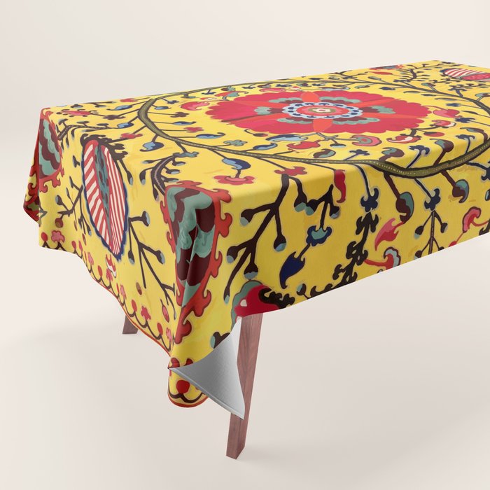 Bright Yellow Ground Uzbekistan Suzani Tablecloth Gallery Image 1