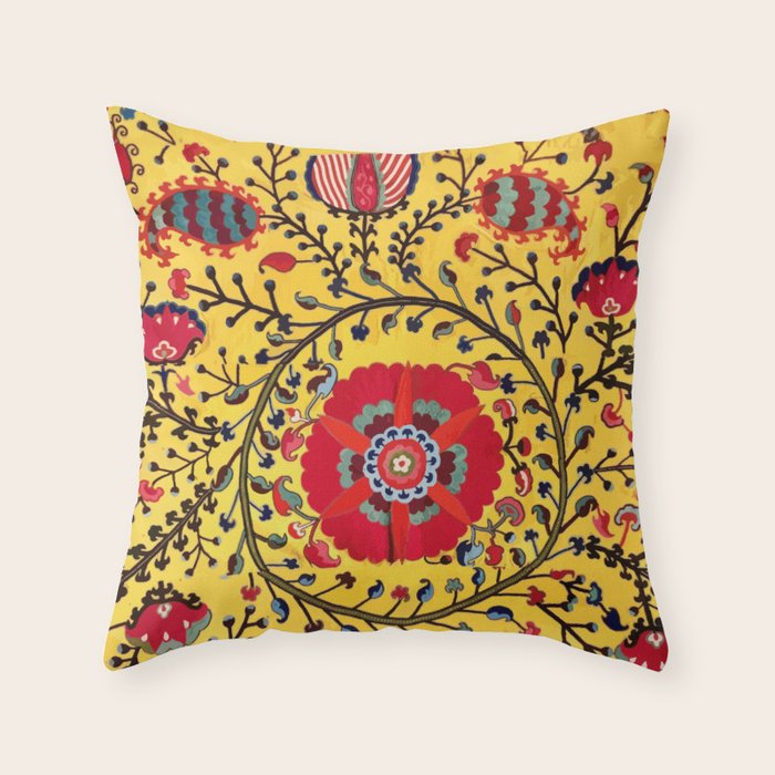 Bright Yellow Ground Uzbekistan Suzani Throw Pillow Gallery Image 1