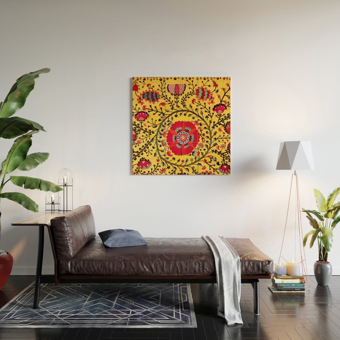 Bright Yellow Ground Uzbekistan Suzani Wood Wall Art Gallery Image 2