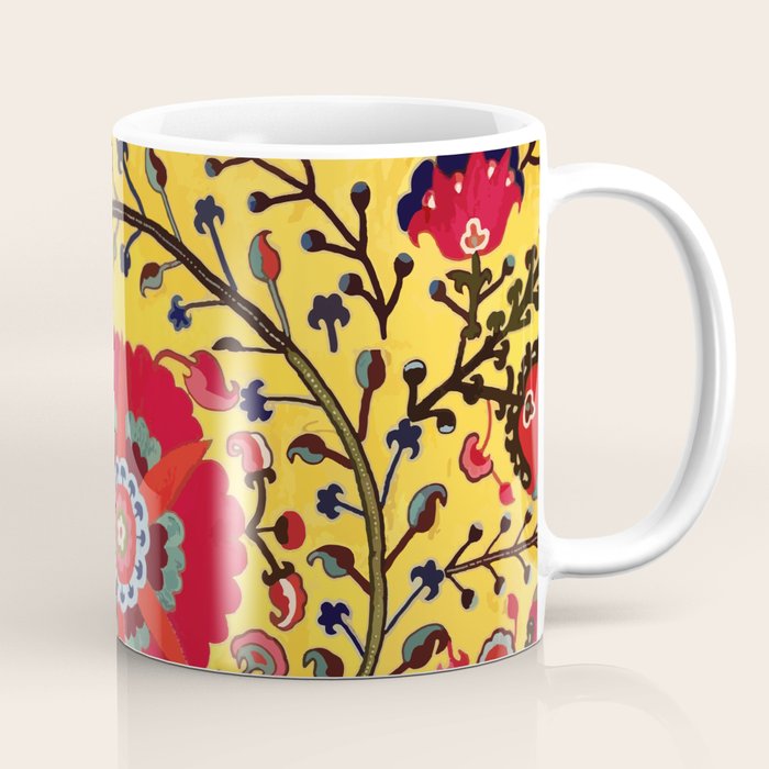 Bright Yellow Ground Uzbekistan Suzani Coffee Mug Gallery Image 1