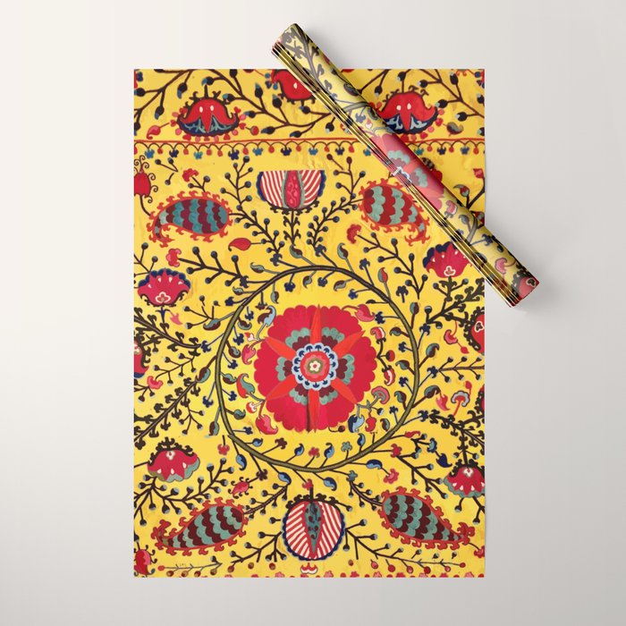Bright Yellow Ground Uzbekistan Suzani Wrapping Paper Gallery Image 1