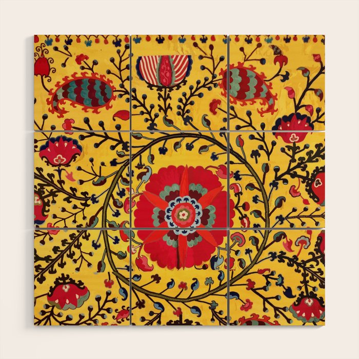 Bright Yellow Ground Uzbekistan Suzani Wood Wall Art Gallery Image 1
