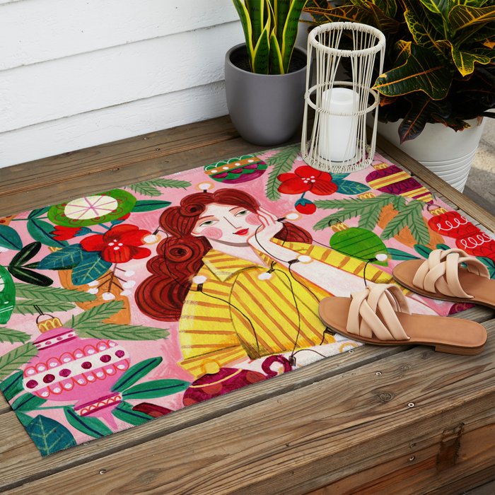 Midcentury Festive Christmas Woman Outdoor Rug Gallery Image 2