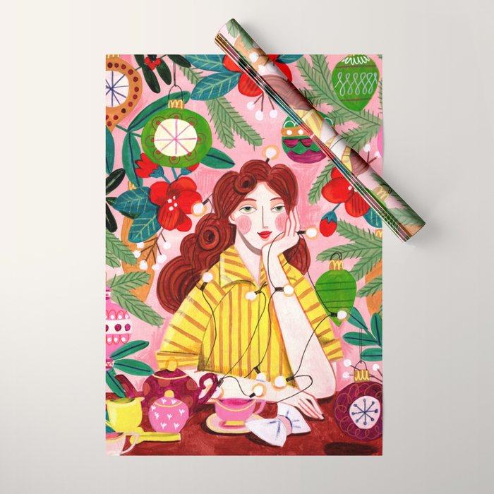 Midcentury Festive Christmas Woman Wrapping Paper Gallery Image 1